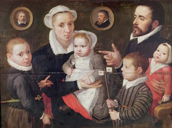 Portret van een familie: ouders met hun kinderen en voorouders, 1577